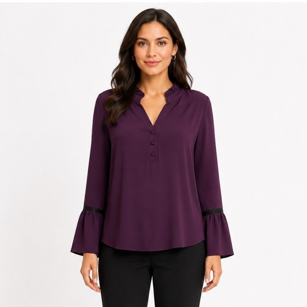 Karl Lagerfeld Women's Ruffle Neck Button Front Bell Sleeve Blouse Top Size 2X
